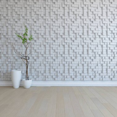 Dekoratif unsurlarla dolu boş bir İskandinav odası fikri. İç kısımları kuzeyli. 3B illüstrasyon 