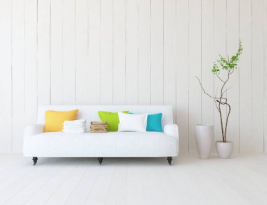 Beyaz minimalist oturma odasının içinde, ahşap zeminde kanepe var. İç kısımları kuzeyli. 3B illüstrasyon
