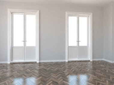 Minimalist, içi ahşap zeminli boş bir oda. İç kısımları kuzeyli. 3B illüstrasyon