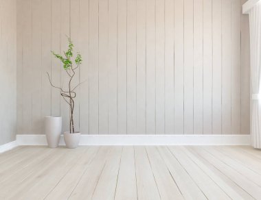 Dekoratif unsurlarla dolu boş bir İskandinav odası fikri. İç kısımları kuzeyli. 3B illüstrasyon 