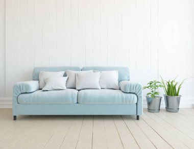 Beyaz minimalist oturma odasının içinde, ahşap zeminde kanepe var. İç kısımları kuzeyli. 3B illüstrasyon