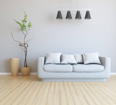 Beyaz minimalist oturma odasının içinde, ahşap zeminde kanepe var. İç kısımları kuzeyli. 3B illüstrasyon