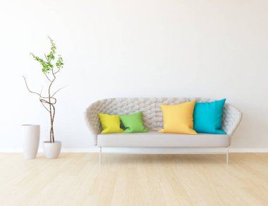 Minimalist bir oturma odası ve ahşap zeminde bir kanepe. İç kısımları kuzeyli. 3B illüstrasyon