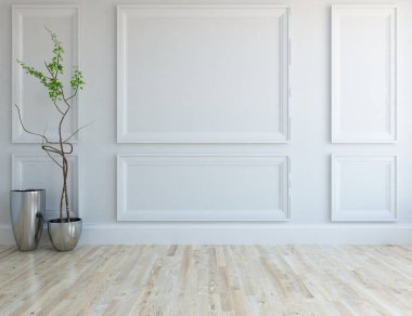 Dekoratif unsurlarla dolu boş bir İskandinav odası fikri. İç kısımları kuzeyli. 3B illüstrasyon 