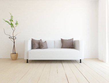Beyaz minimalist oturma odasının içinde, ahşap zeminde kanepe var. İç kısımları kuzeyli. 3B illüstrasyon