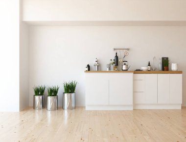 Beyaz minimalist mutfak odası. Ahşap zeminde yemek mobilyası var. İç kısımları kuzeyli. 3B illüstrasyon