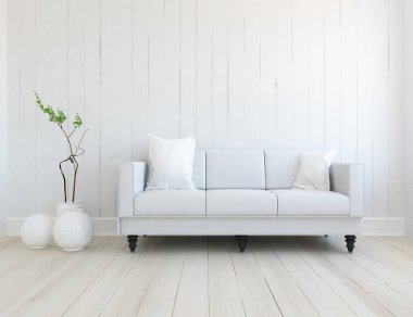 Beyaz minimalist oturma odasının içinde, ahşap zeminde kanepe var. İç kısımları kuzeyli. 3B illüstrasyon