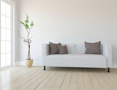Beyaz minimalist oturma odasının içinde, ahşap zeminde kanepe var. İç kısımları kuzeyli. 3B illüstrasyon