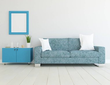 Beyaz minimalist oturma odasının içinde, ahşap zeminde kanepe var. İç kısımları kuzeyli. 3B illüstrasyon