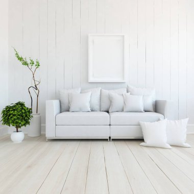 Beyaz minimalist oturma odasının içinde, ahşap zeminde kanepe var. İç kısımları kuzeyli. 3B illüstrasyon