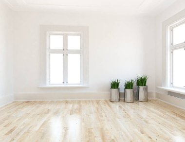 Dekoratif unsurlarla dolu boş bir İskandinav odası fikri. İç kısımları kuzeyli. 3B illüstrasyon 