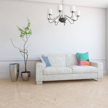 Beyaz minimalist oturma odasının içinde, ahşap zeminde kanepe var. İç kısımları kuzeyli. 3B illüstrasyon