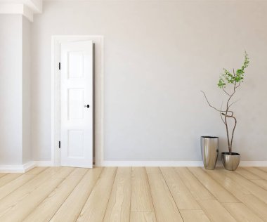 Minimalist, içi ahşap zeminli boş bir oda. İç kısımları kuzeyli. 3B illüstrasyon