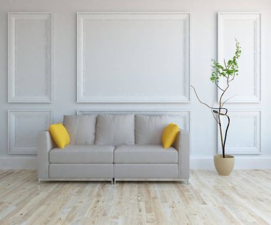 Minimalist bir oturma odası ve ahşap zeminde bir kanepe. İç kısımları kuzeyli. 3B illüstrasyon