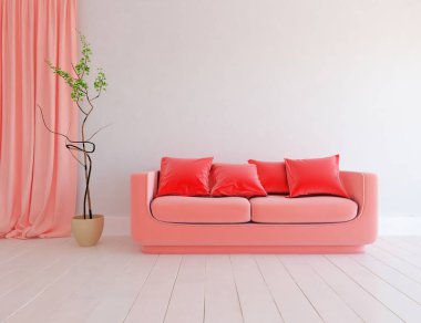 Minimalist bir oturma odası ve ahşap zeminde bir kanepe. İç kısımları kuzeyli. 3B illüstrasyon