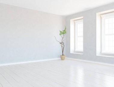 Dekoratif unsurlarla dolu boş bir İskandinav odası fikri. İç kısımları kuzeyli. 3B illüstrasyon 