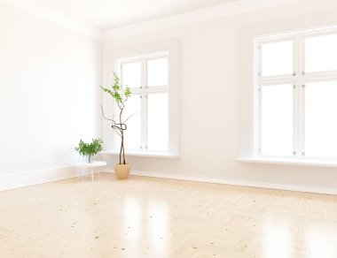 Dekoratif unsurlarla dolu boş bir İskandinav odası fikri. İç kısımları kuzeyli. 3B illüstrasyon 