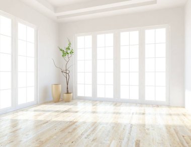 Dekoratif unsurlarla dolu boş bir İskandinav odası fikri. İç kısımları kuzeyli. 3B illüstrasyon 