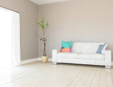 Minimalist bir oturma odası ve ahşap zeminde bir kanepe. İç kısımları kuzeyli. 3B illüstrasyon