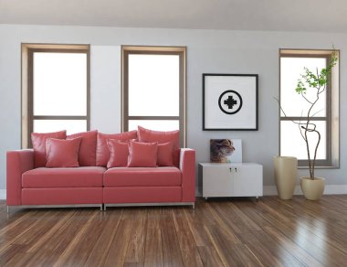 Minimalist bir oda ve kanepe. İç kısımları kuzeyli. 3B illüstrasyon