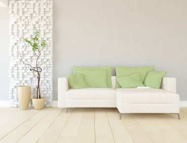 Beyaz minimalist oturma odasının içinde, ahşap zeminde kanepe var. İç kısımları kuzeyli. 3B illüstrasyon