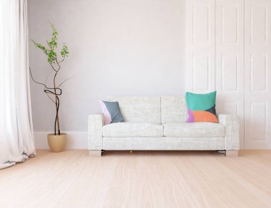 Dekoratif unsurlarla dolu boş bir İskandinav odası fikri. İç kısımları kuzeyli. 3B illüstrasyon 