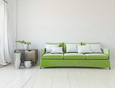 Beyaz minimalist oturma odasının içinde, ahşap zeminde kanepe var. İç kısımları kuzeyli. 3B illüstrasyon