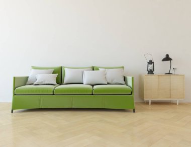 Beyaz minimalist oturma odasının içinde, ahşap zeminde kanepe var. İç kısımları kuzeyli. 3B illüstrasyon