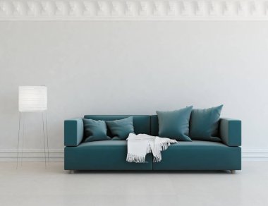 Minimalist bir oturma odası ve ahşap zeminde bir kanepe. İç kısımları kuzeyli. 3B illüstrasyon