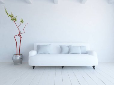 Beyaz minimalist oturma odasının içinde, ahşap zeminde kanepe var. İç kısımları kuzeyli. 3B illüstrasyon