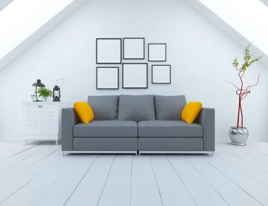 Beyaz minimalist oturma odasının içinde, ahşap zeminde kanepe var. İç kısımları kuzeyli. 3B illüstrasyon