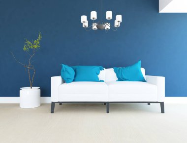 Mavi minimalist bir oturma odası ve ahşap zeminde bir kanepe. İç kısımları kuzeyli. 3B illüstrasyon