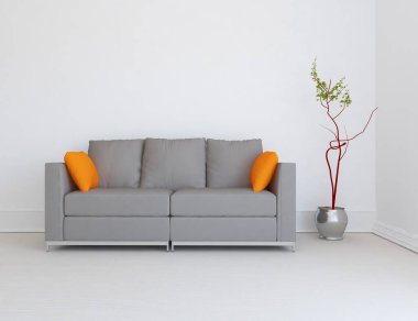 Beyaz minimalist oturma odasının içinde, ahşap zeminde kanepe var. İç kısımları kuzeyli. 3B illüstrasyon