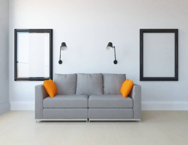 Minimalist bir oda ve kanepe. İç kısımları kuzeyli. 3B illüstrasyon