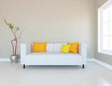 Beyaz minimalist oturma odasının içinde, ahşap zeminde kanepe var. İç kısımları kuzeyli. 3B illüstrasyon