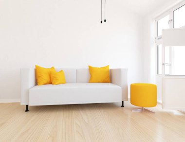 Beyaz minimalist oturma odasının içinde, ahşap zeminde kanepe var. İç kısımları kuzeyli. 3B illüstrasyon