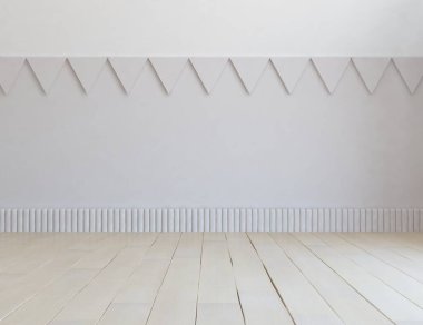 Minimalist, içi ahşap zeminli boş bir oda. İç kısımları kuzeyli. 3B illüstrasyon