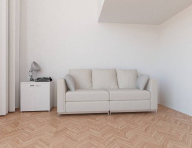 Beyaz minimalist oturma odasının içinde, ahşap zeminde kanepe var. İç kısımları kuzeyli. 3B illüstrasyon