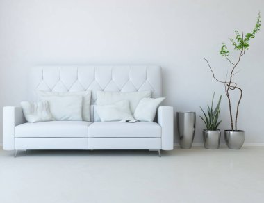 Beyaz minimalist oturma odasının içinde, ahşap zeminde kanepe var. İç kısımları kuzeyli. 3B illüstrasyon