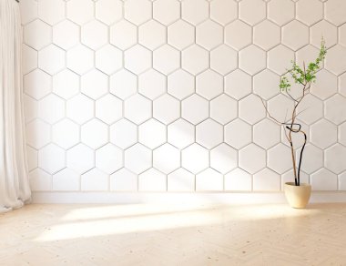 Dekoratif unsurlarla dolu boş bir İskandinav odası fikri. İç kısımları kuzeyli. 3B illüstrasyon 