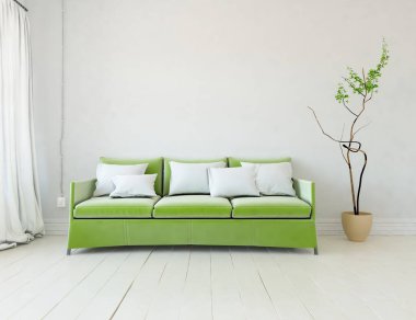 Minimalist bir oturma odası ve ahşap zeminde bir kanepe. İç kısımları kuzeyli. 3B illüstrasyon