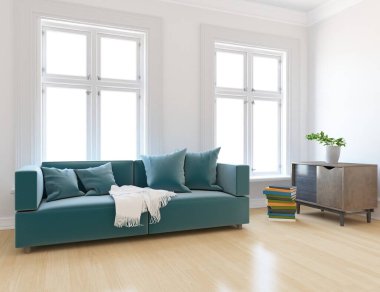 Minimalist bir oturma odası ve ahşap zeminde bir kanepe. İç kısımları kuzeyli. 3B illüstrasyon