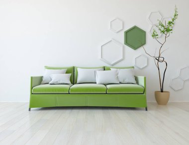 Minimalist bir oturma odası ve ahşap zeminde bir kanepe. İç kısımları kuzeyli. 3B illüstrasyon