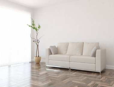 Beyaz minimalist oturma odasının içinde, ahşap zeminde kanepe var. İç kısımları kuzeyli. 3B illüstrasyon