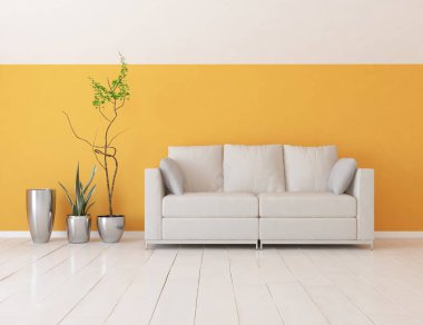 Sarı minimalist oturma odasının içinde ahşap bir zeminde kanepe var. İç kısımları kuzeyli. 3B illüstrasyon