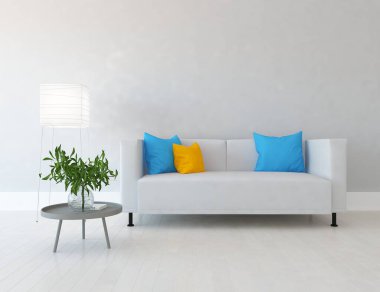 Minimalist bir oturma odası ve ahşap zeminde bir kanepe. İç kısımları kuzeyli. 3B illüstrasyon