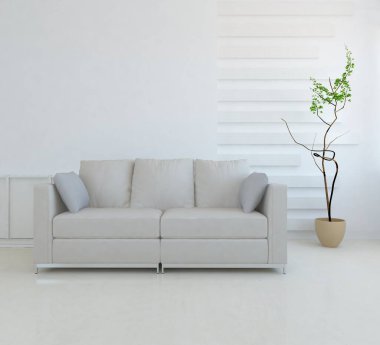Beyaz minimalist oturma odasının içinde, ahşap zeminde kanepe var. İç kısımları kuzeyli. 3B illüstrasyon
