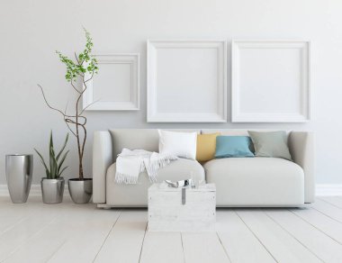 Beyaz minimalist oturma odasının içinde, ahşap zeminde kanepe var. İç kısımları kuzeyli. 3B illüstrasyon