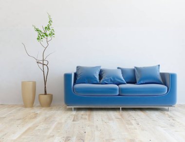 Minimalist bir oturma odası ve ahşap zeminde bir kanepe. İç kısımları kuzeyli. 3B illüstrasyon