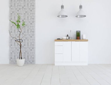 Beyaz minimalist mutfak odası. Ahşap zeminde yemek mobilyası var. İç kısımları kuzeyli. 3B illüstrasyon